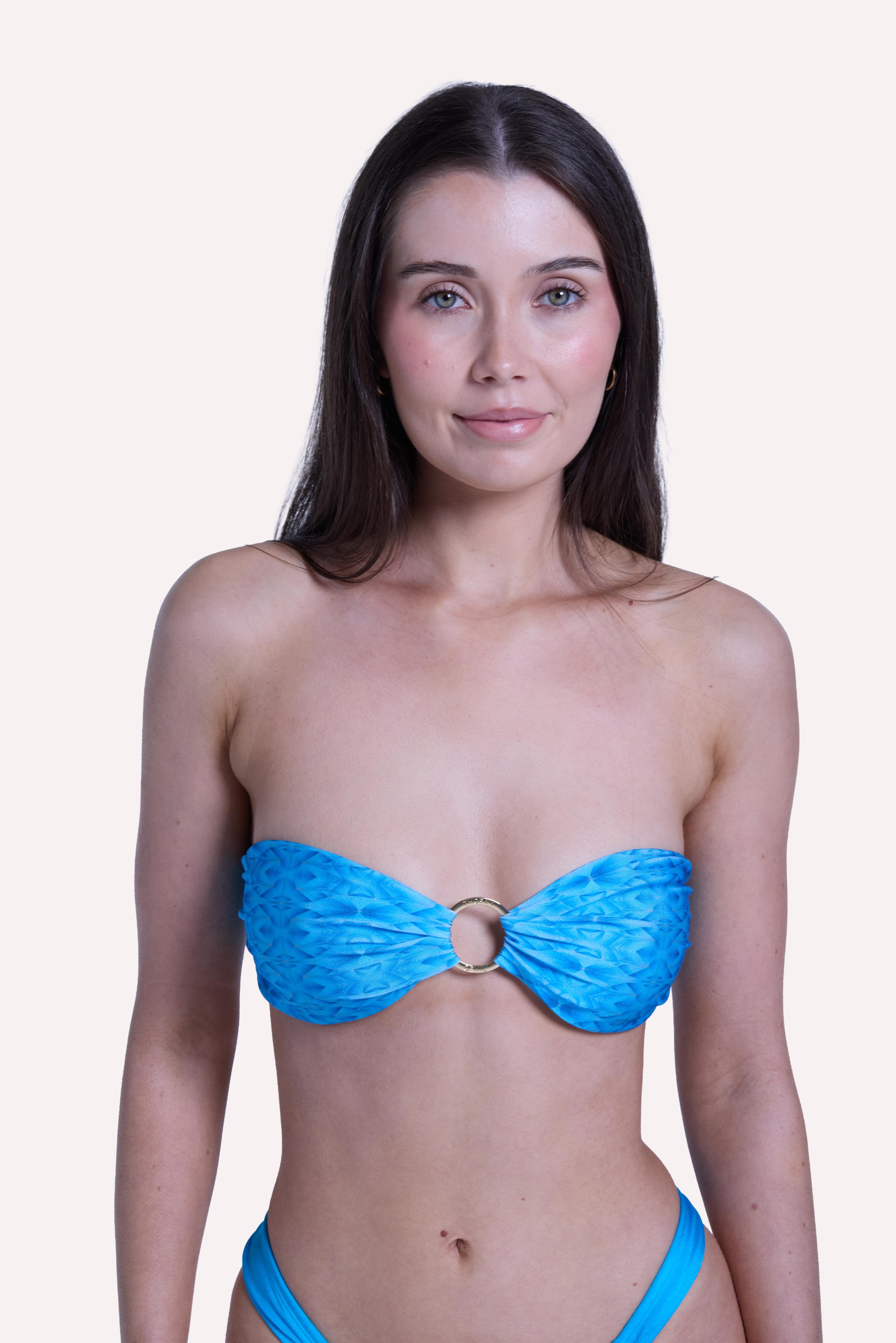 Detail of sculpted cut and jewel print on Kali bikini top