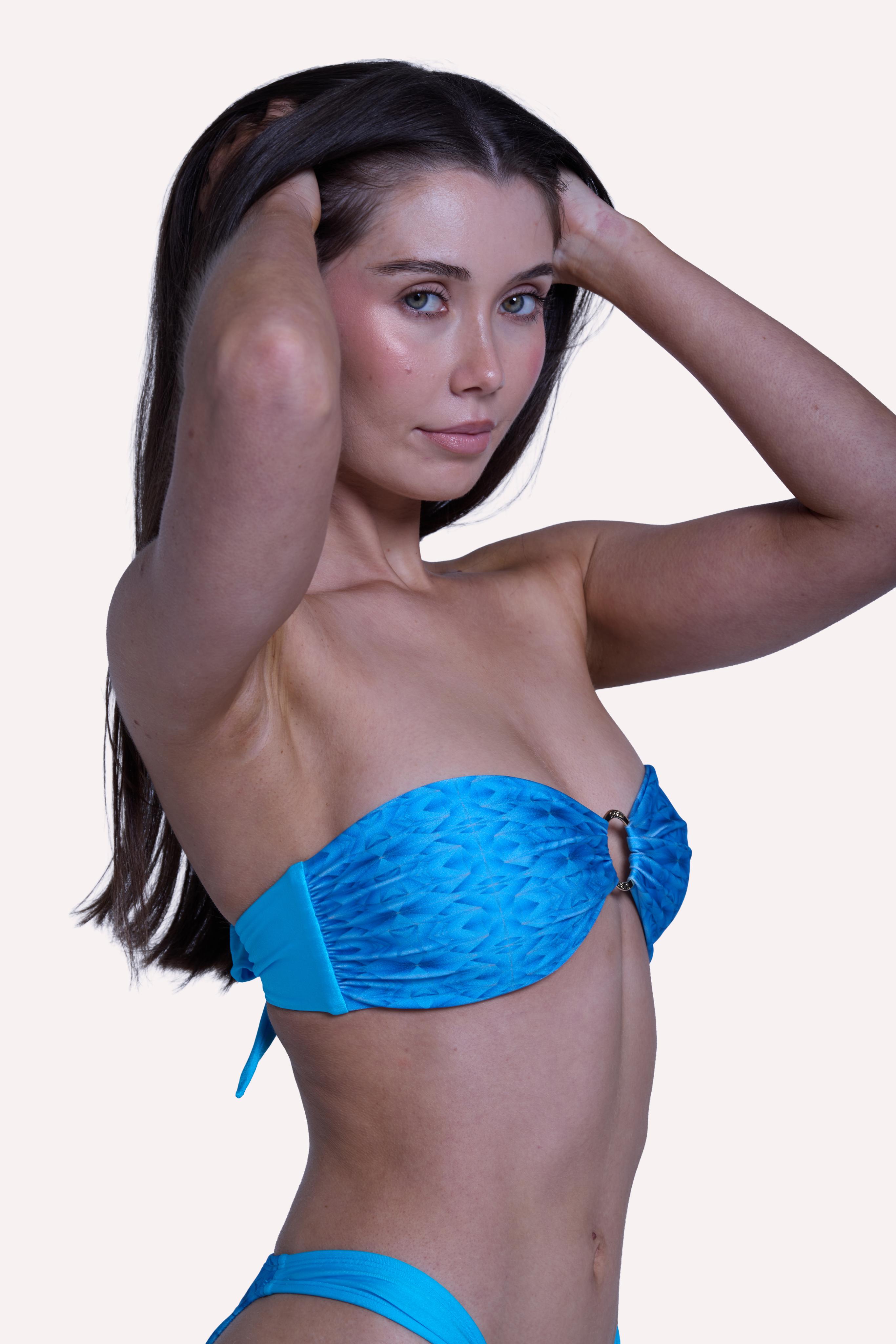 Close up of Azu jewel print fabric on Kali bikini top in sunrise tones