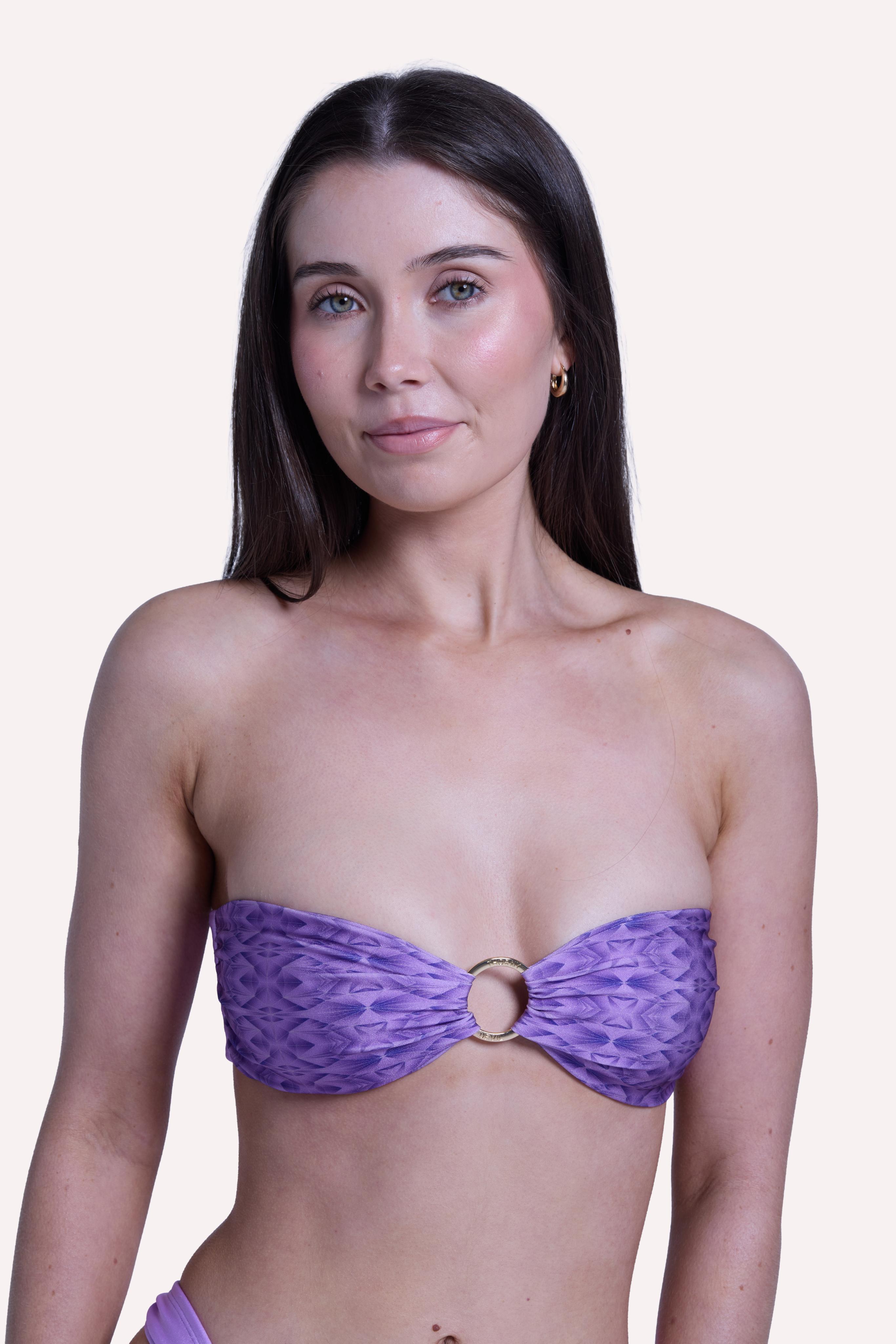 Close up of haze jewel print fabric on Kali bikini top in sunrise tones